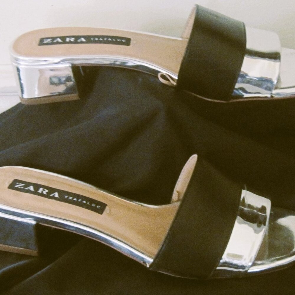 ZARA-Trafaluc-Women's-Shoes-Sandals Size 8W-Black/Silver-Block Heel-Flax Leather
